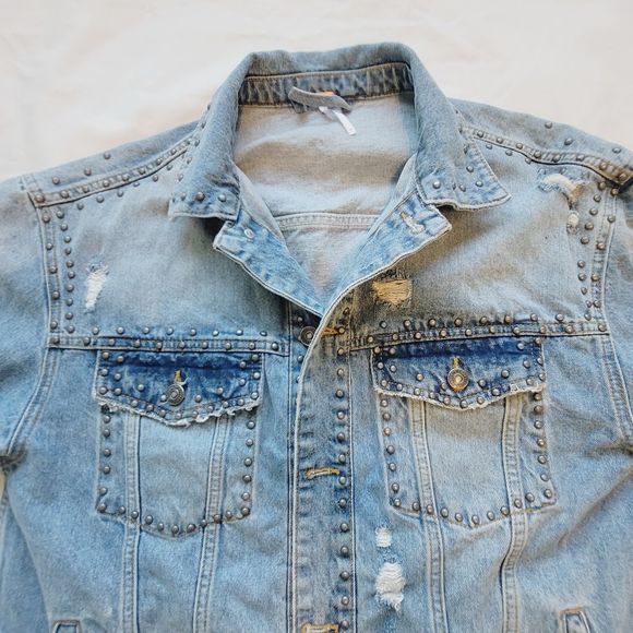 Free People Distressed Stud Denim Jacket - Picture 3 of 12